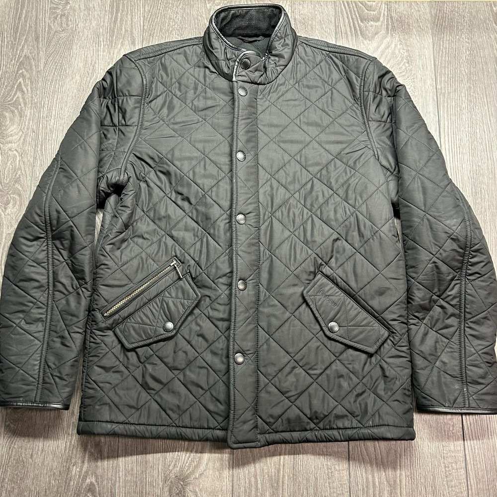 Barbour Powell Mens Medium Black Diamond Quilted Jacket Collar Fleece Lined